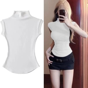 Camiseta Blanca Vintage de Punto y Crochet sin Mangas con Cuello Alto para <span class=keywords><strong>Mujer</strong></span>, Estilo Slim Fit, Tendencia de Verano - Product Image 2