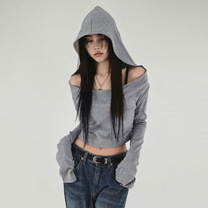 Wasteland Style Grey <b>Off</b> <b>Shoulder</b> Hooded <b>Long</b> <b>Sleeve</b> Crop <b>Top</b> Women Slim Fit Casual Streetwear - Product Image 3