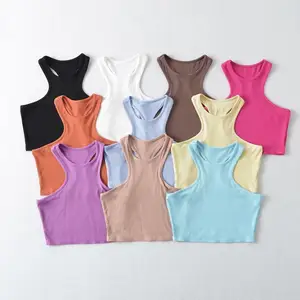 Casual Sexy Summer Sleeveless Ribbed Basic Racer Vest Crop T Shirt Knit Tank Top