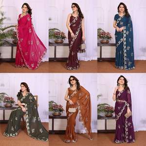 Tela de Saree Tradicional de Color Rosa, Hermosa y de Alta Calidad, en Algodón Orgánico con Estampado Floral y Lentejuelas Bordadas, Incluye Blusa - Product Image 2