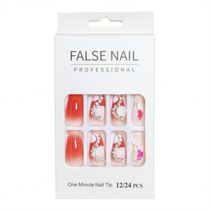 Boîte de 24 faux ongles longs à presser, style français, avec colle gelée et strass en alliage, couverture complète - Product Image 5