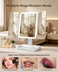 Double Door <b>LED</b> <b>Makeup</b> <b>Mirror</b> Tri Fold Vanity <b>Mirror</b> <b>with</b> 3 Color <b>Lights</b> Adjustable Height Storage Base - Product Image 2