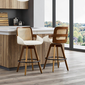 Modern 360 Swivel Rattan <strong>Back</strong> Bar <strong>Stool</strong> <strong>with</strong> Upholstered Seat and Bentwood Frame for Kitchen Counter Height - Product Image 4