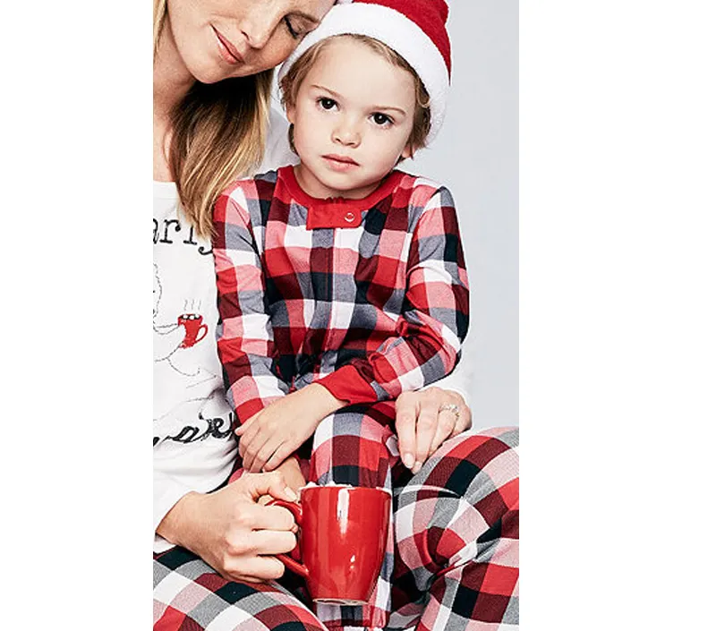 क्रिसमस आकस्मिक पहनने बच्चे की पायजामा थर्मल नाइटवियर अभिभावक बच्चे श्रृंखला लाल प्लेड जिपर के साथ Jumpsuits Rompers बुना हुआ कपड़े