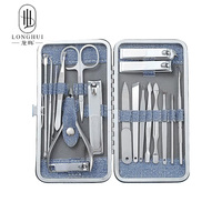 Ensemble de coupe-ongles Longhui 18 pièces en denim bleu, kit de manucure complet, outil de soin des ongles complet avec lames en acier au carbone et manche en acier