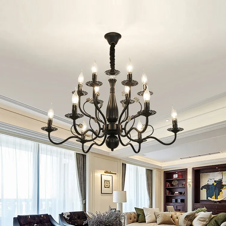 Vintage Wrought Iron Chandelier Candle Light Black/Gold Lighting Fixture for Living Room Dining Villa Hanging Pendant Lamp 2023