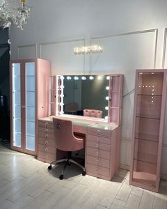 Grande coiffeuse avec miroir et éclairage LED rose, avec armoire de rangement pour la chambre à coucher - Product Image 6