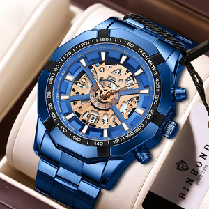 Binbond Men's Quartz Watch Blue Skeleton Dial Stainless Steel Band Tachymeter Waterproof Luminous Casual Business Watch - Product Image 1