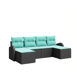 Conjunto de Sofá de Jardín de Ratán Sintético Negro y Turquesa con Cojines, 6 Plazas, Muebles de Exterior de Diseño Contemporáneo - Product Image 1