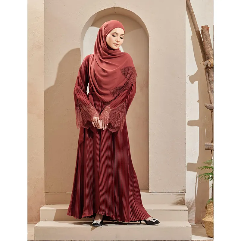 겸손한 드레스 최신 디자인 슬리브 우아한 기모노 모로코 꽃 긴 카디건 이슬람 의류 Jubah Abaya 주름 드레스 레이스