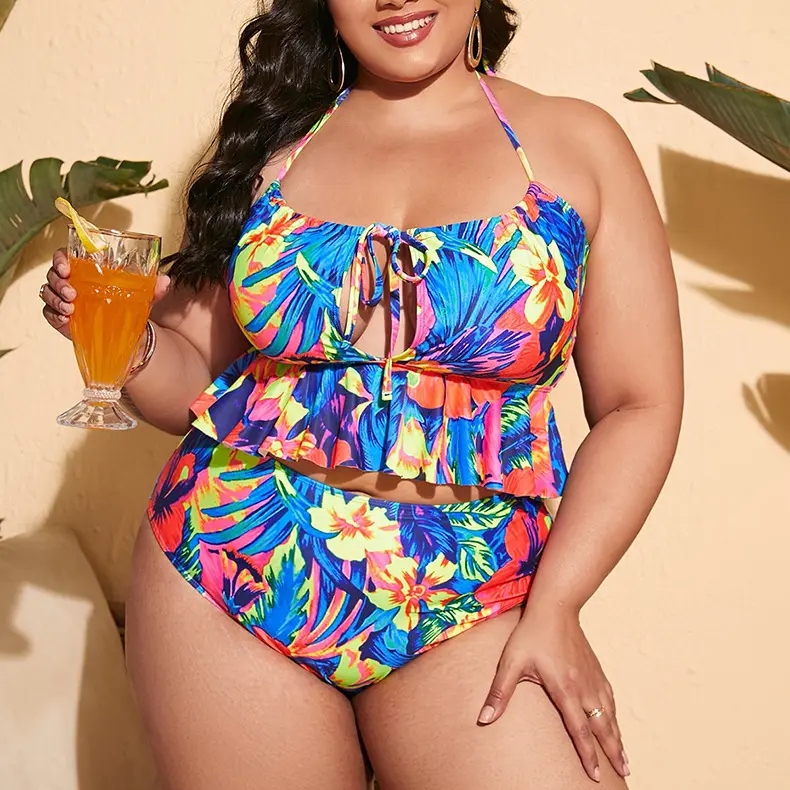 Plus Size Swimsuits for Fat Women Two Piece Bathing Suits Ruffled Flounce Floral Top Swimwear High Waist Bottom Bikini Set