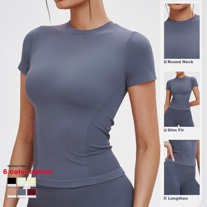 Yoke Seamless Round Neck Fitness Sports Short Sleeves T-Shirt Yoga Tops Outdoor Running Slim Top