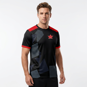 Camiseta Sparkwell para Hombre, Negra y Roja con Diseño Geométrico, Manga Corta, Cuello Redondo, Secado Rápido, Antibacteriana, Corte Regular, 100% Algodón - Product Image 1