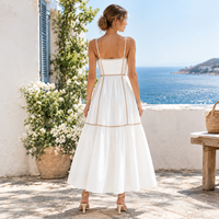 Robe midi blanche pour femme, bretelles spaghetti, col carré, ourlet étagé, été, plage, vacances, vente en gros, OEM