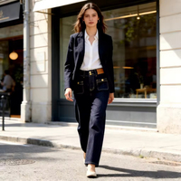 Jean large décontracté bleu marine pour femme avec poches décoratives – Style décontracté et simple