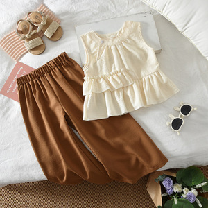 Conjunto de Dos Piezas para Niñas, Verano 2026, Estilo Informal, Color Caqui Sólido, <span class=keywords><strong>Chaleco</strong></span> sin Mangas y Pantalones Anchos - Product Image 1