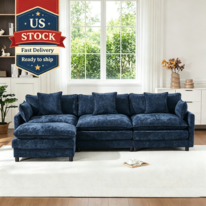 Divano Modulare a L in Tessuto Chenille Blu, Reversibile, con Cuscini Spessi, Tre Posti, Set da Soggiorno Imbottito, Disponibile negli USA - Product Image 1