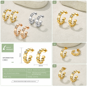 Boucles d'oreilles créoles géométriques en zircon, en acier inoxydable plaqué or 14 carats, or, argent, or rose, ouvertes, style Huggie - Product Image 4