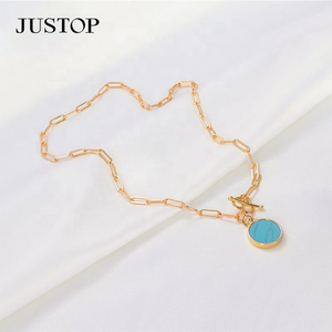 Collar de Moda con Colgante de Moneda Turquesa y Cadena de Eslabones con Hebilla en Forma de Corazón, Chapado en Rodio, de Acero Inoxidable Ecológico para Mujer - Product Image 2