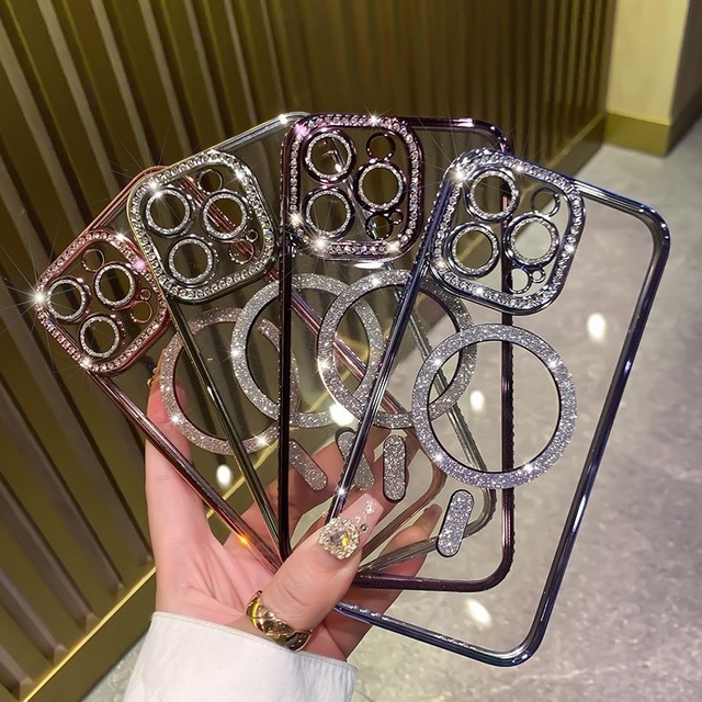 Luxury Glitter Diamond Plating Clear Magnetic Phone Case for IPhones 16 Pro Max 15/13/11 TPU With Camera Lens Cover