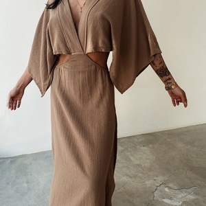 Robe longue en coton et lin, modèle OEM personnalisé, haute qualité, dos nu, sexy, amincissante, sans taille, col en V, fente haute - Product Image 1