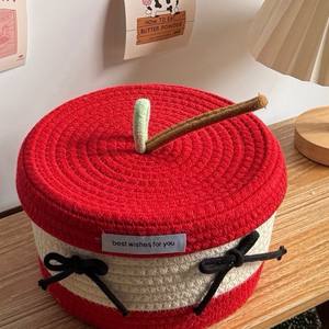 Panier <span class=keywords><strong>en</strong></span> <span class=keywords><strong>corde</strong></span> de coton rouge avec couvercle, panier <span class=keywords><strong>en</strong></span> cordon de coton avec couvercle, panier à serviettes <span class=keywords><strong>en</strong></span> coton tissé, panier fait main, boîte de rangement de cuisine de Noël - Product Image 4