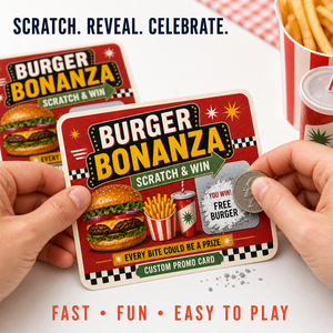 Cartes à gratter personnalisées pour burgers avec coupons de prix cachés pour les récompenses de fidélité des restaurants et les promotions de grand ouverture - Product Image 1