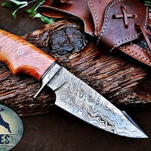 Cuchillo de caza hecho a mano con hoja de acero de Damasco personalizada, punta de clip, alto contenido de carbono, acero inoxidable de grado industrial, mango de madera fijo, para camping, bricolaje, OEM - Product Image 1
