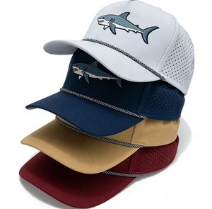 OEM ODM Custom Shark Logo Embroidered 5 Panel Trucker Cap Wholesale Cotton Baseball Hat with Decorative Rope - Product Image 6