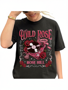 Wild Rose <b>Records</b> Women's T-Shirt Short <b>Sleeve</b> Floral Print Casual Loose Fit 100% Cotton Jersey Round Neck All Seasons - Product Image 1