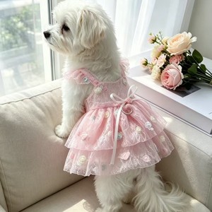Pink Lace Pet Dress with D-ring 3D Flower Tiered Puppy Tutu Skirt Ruffle Dog Princess Dress Pet Clothes for Small Dogs Cats - Product Image 3