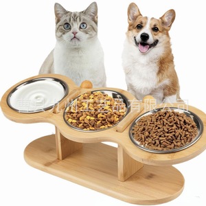 Wooden 3 In 1 Cat Bowl Stand Adjustable Slanted Feeding Station For Cats And Dogs Pet Dining <b>Table</b> With Stainless Steel Bowls - Product Image 1