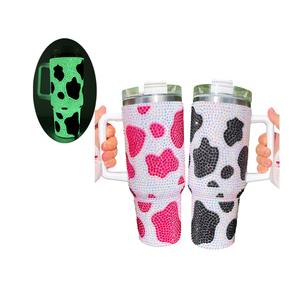 Black Brown Purple Blue Rose GITD Rhinestone Cow Print 40oz Bling Tumbler Chocolate Milk <strong>Cowprint</strong> Rhinestone Hot Cold Tumbler - Product Image 3