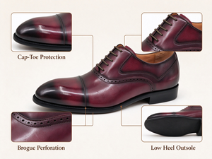 Chaussures Oxford pour hommes bordeaux à bout rapporté en cuir véritable à lacets, chaussures habillées formelles avec détails brogues, doublure en peau de porc, talon bas carré, pour mariage - Product Image 2