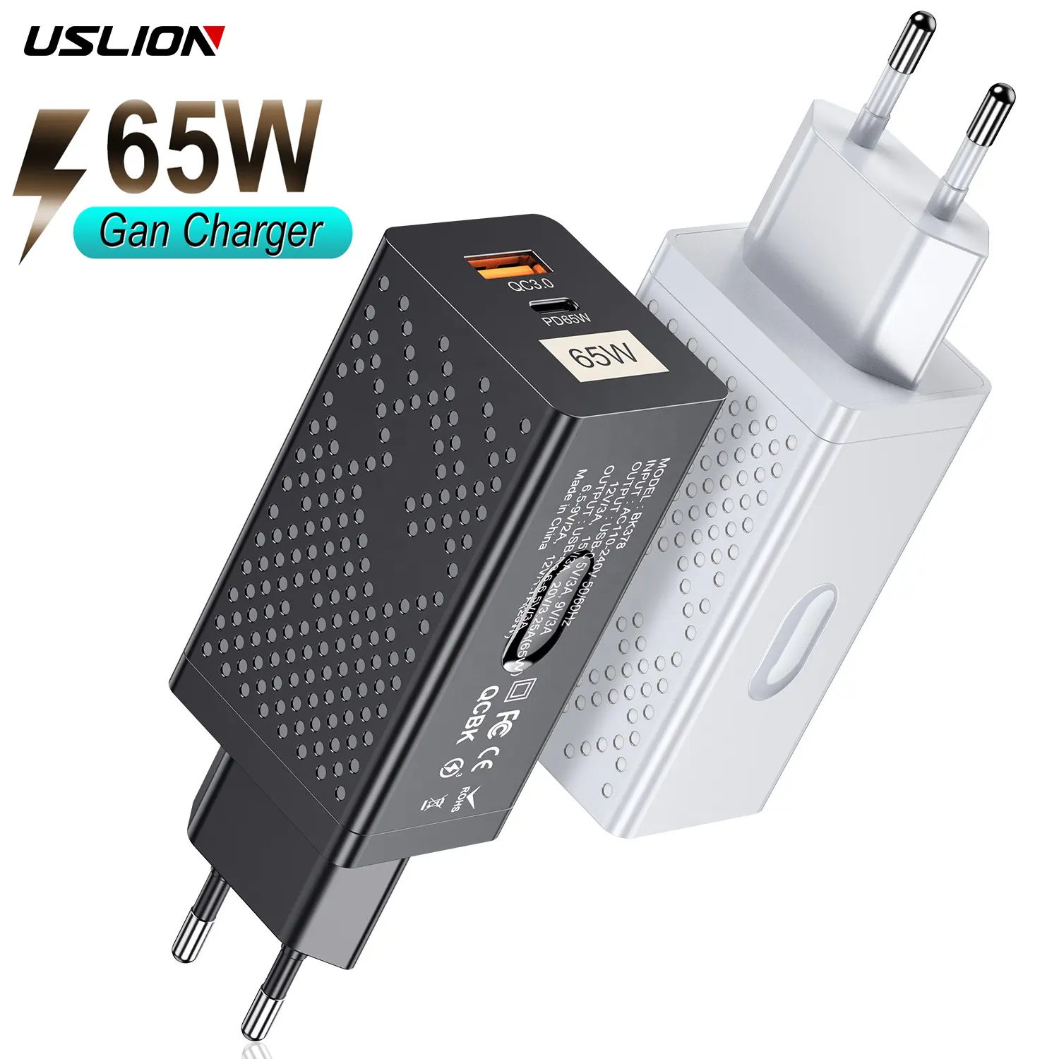USLION OEM 65W GaN PD+QC3.0 Type C USB Wall Charger Mobile Phone Portable Adapter EU KR US Plug For iPhone 14 13 12 for Samsung