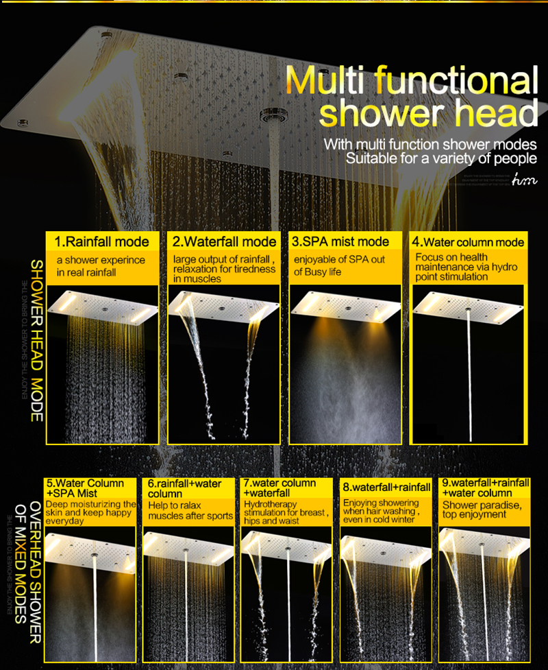 LED Multi-fonction Grand Robinets De Douche de Pluie tête Froide et Chaude Inverseur Vanne Mélangeuse Avec Corps de Massage jets