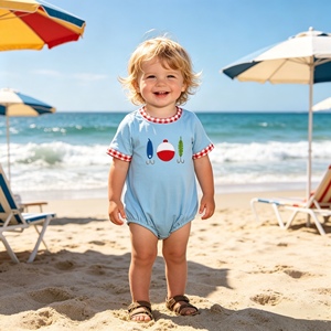 SR3577 RTS Infant Baby Western Blue fish embroidery style Kids Wholesale Romper short Sleeve girl cute Bubble - Product Image 1