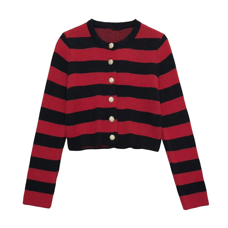 Vintage Casual Red Black Stripe Chic Women Cardigan Long Sleeve Button Knitted Thick Sweater Fashion 2022 Autumn Winter