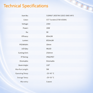 Nouvelle Bande LED 220V 50M 10W Haute Performance, Coupable à 25cm, 10W CCT 2700K-4000K-6000K, CRI Élevé, Étanche IP67, CE RoHS - Product Image 2