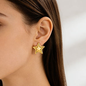 1 Par de Pendientes Colgantes de Pentagrama de Doble Capa Chapados en Oro de Acero Inoxidable - Diseño Chic con Bloques de Color para Fiestas y Uso Casual - Product Image 5