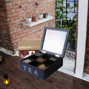Boîte à thé en bois multi-usages à 9 compartiments, boîte de rangement pour sachets de thé, style campagnard carré avec couvercle, boîte cadeau - Product Image 3