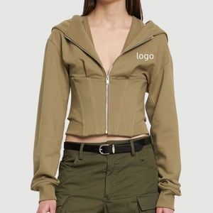 Vente en gros de sweat à capuche string de haute qualité polaire surdimensionné sweats à capuche unis haut femmes confortable polaire pull recadrée fermeture éclair sweats à capuche pour femmes - Product Image 4