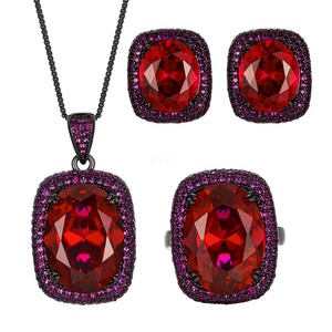 Fashion Eco-friendly Copper 13*18MM Zircon Simulant Black Gold Plated Halo <b>Earrings</b> <b>Set</b> Imitation Ruby Necklace Jewelry <b>Set</b> - Product Image 1