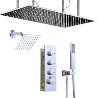 Système de Douche Thermostatique Double avec Douche Pluie 16x32" + 6" à Fixation Plafond/Mur, Finition Chrome Luxe, Laiton et Acier Inoxydable, Tout Inclus
