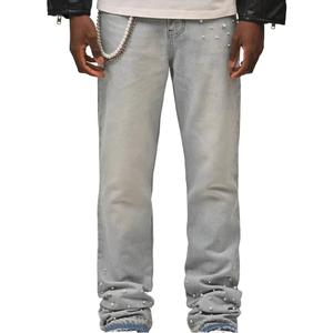 Jeans de Pierna Recta de Alta Gama para Hombre, Cintura Media, Negros, Transpirables, de Mezclilla Lavada, Primavera-Otoño, Mezcla de Poliéster/Algodón - Product Image 1