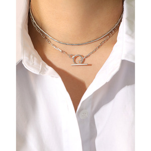 CX015 925 <strong>Sterling</strong> <strong>Silver</strong> <strong>Necklace</strong> 18K Gold Plated Paperclip <strong>T</strong> <strong>Bar</strong> Choker Basic Chain for Women Jewelry - Product Image 3