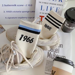 Crew <b>Socks</b> Women Mid Calf Striped 1966 Alphanumeric Script Breathable <b>Polyester</b> Fiber Casual Daily Wear Youth Size - Product Image 2