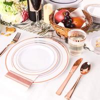 Ensemble de vaisselle jetable élégant blanc sans BPA pour 25 invités, 175 pièces, avec bordure or rose, pour mariage, fête, restaurant