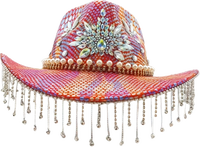 Chapeaux de fête personnalisés pour femmes, style bohème western, avec imprimé serpent arc-en-ciel, fleurs, perles et strass, pour festivals et événements.