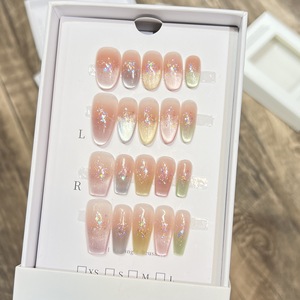 TSZS 10 pièces Faux ongles à presser faits main style français Amande, <span class=keywords><strong>bleu</strong></span> clair effet œil de chat avec nœud, pointes d'ongles artificielles portables, vente en gros - Product Image 2